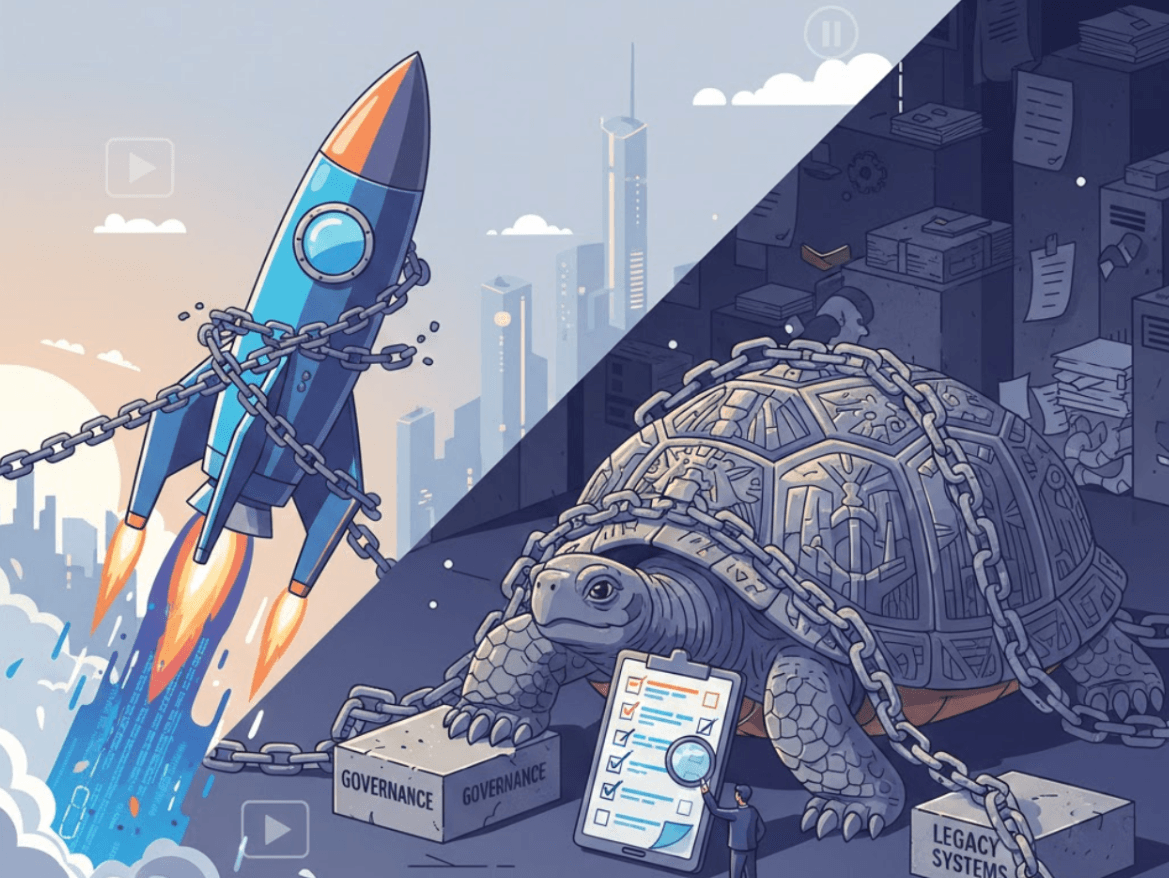 Illustration of a rocket breaking free from chains while a turtle bound by governance and legacy systems moves slowly, symbolizing agile innovation versus slow, bureaucratic digital transformation.”